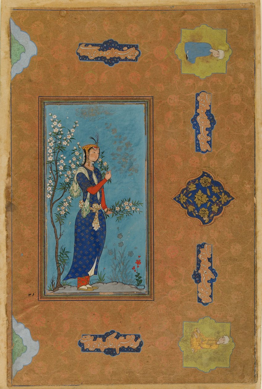 फूल, स्प्रेव पीरियड, c.1575 के साथ महिला (कागज पर wc और सोना) द्वारा फारसी स्कूल
