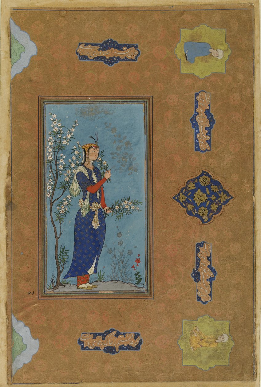 फूलों के स्प्रे वाली महिला, c.1575 (अपारदर्शी जल रंग और कागज पर सोना) द्वारा फारसी स्कूल