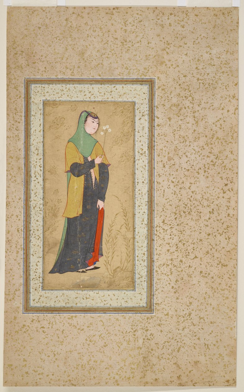 फूलों के एक स्प्रे के साथ महिला, c.1595 द्वारा फारसी स्कूल