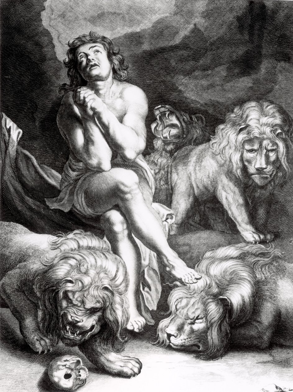 डैनियल इन द लायंस डेन, जो अब्राहम ब्लोटेलिंग द्वारा उकेरा गया (1640-90) द्वारा पीटर पॉल रूबेन्स