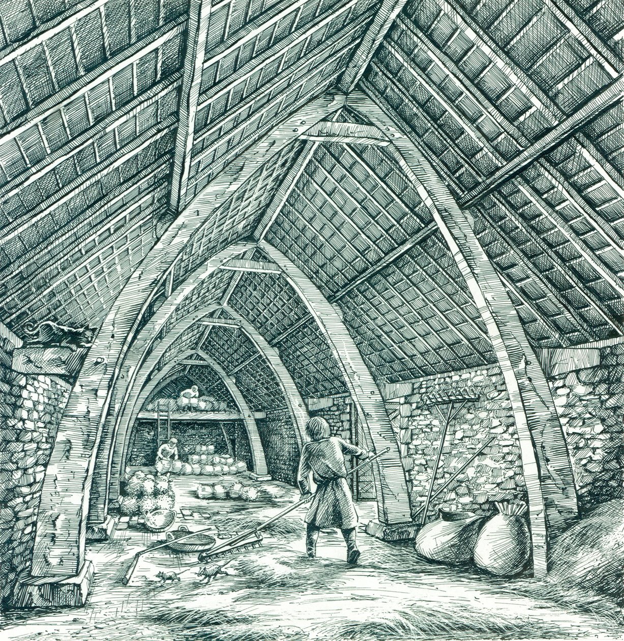 मध्यकालीन विहार खलिहान, Wharram पर्सी, उत्तरी यॉर्कशायर, c1988-c2005। द्वारा पीटर डुन्नो