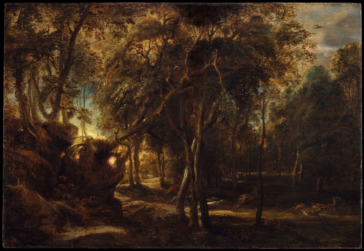 हिरण शिकार के साथ डॉन पर एक वन, c.1635 द्वारा पीटर पॉल रूबेन्स