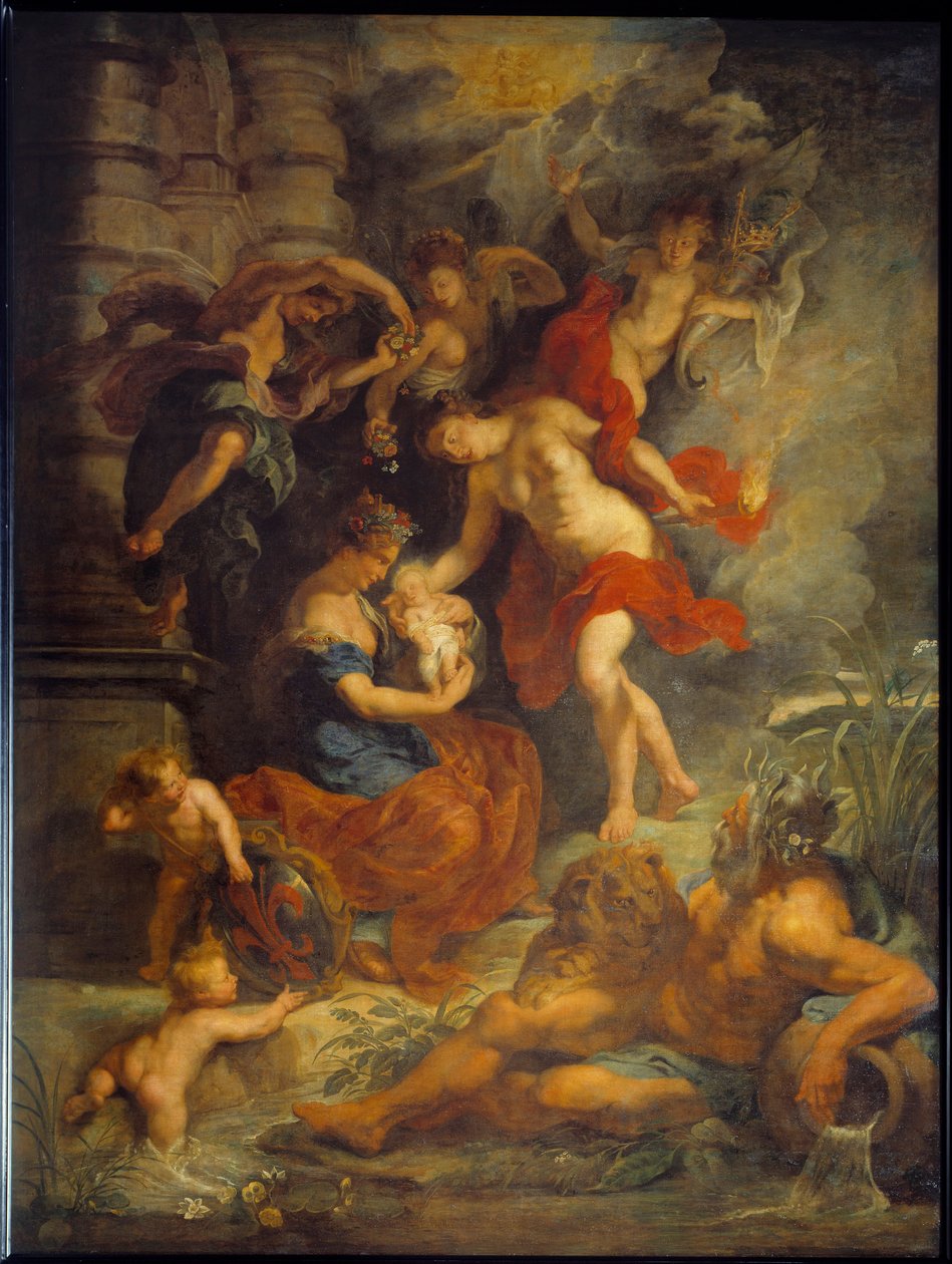 मैरी डी मेडिसिस का चक्र (1573-1642): "" 26/04/1573 को फ्लोरेंस में मैरी डी मेडिसिस का जन्म""। अपनी बेटी के साथ ऑस्ट्रिया के जोन (1547-1578) का प्रतिनिधित्व। पियरे पॉल (पियरे-पॉल) रूबेन्स (या पीटर पॉल या पेट्रस पॉलस) द्वारा पेंटिंग (1577 द्वारा पीटर पॉल रूबेन्स