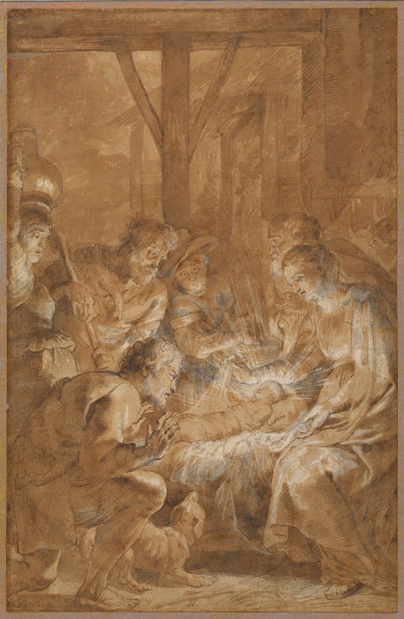 चरवाहों की आराधना, c.1613-4 (कलम और भूरे रंग की स्याही के साथ भूरे रंग की धोती और सफेद गऊच द्वारा पीटर पॉल रूबेन्स
