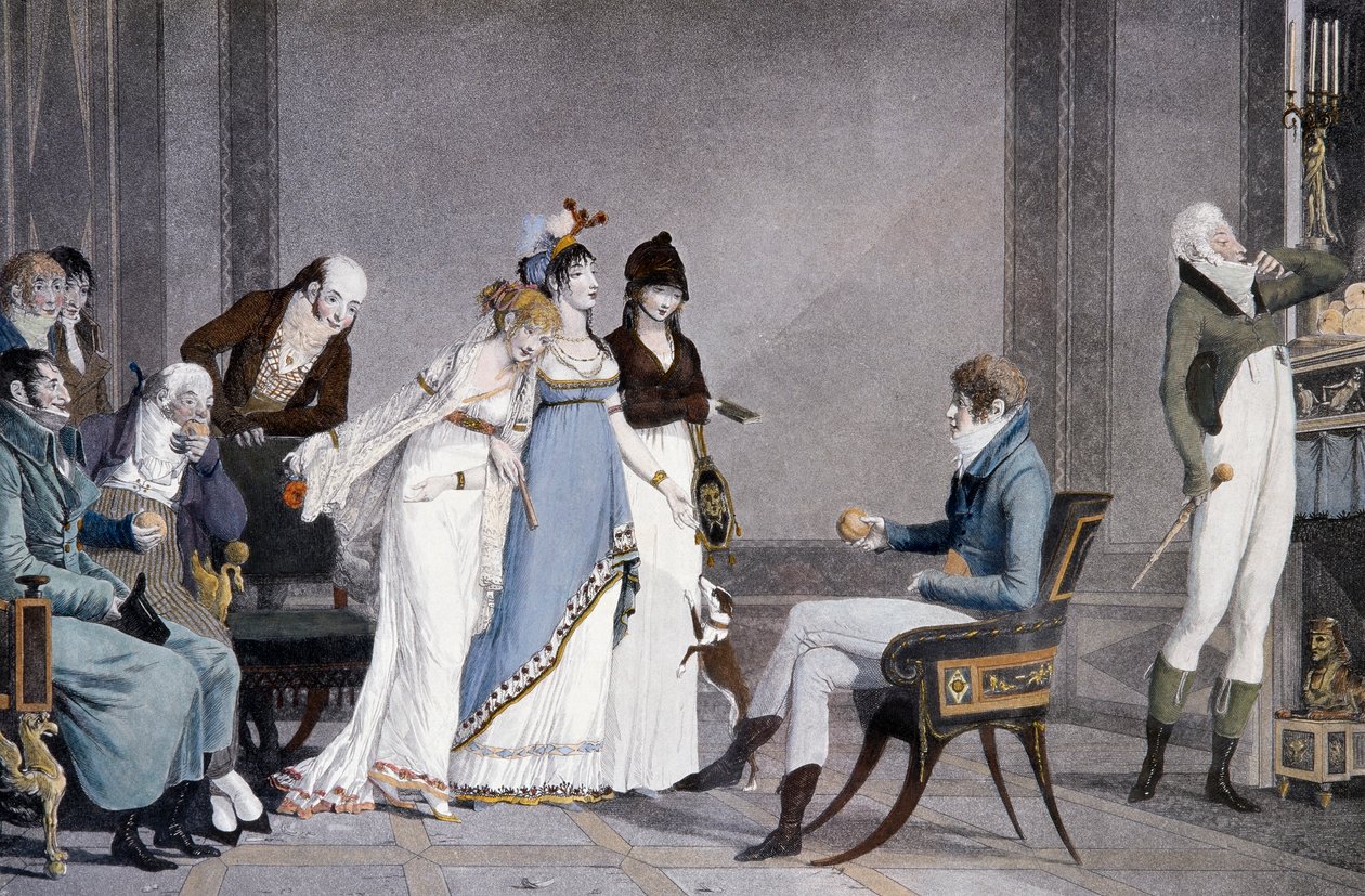 द ऑरेंज, लुइस-फिलिबर्ट डेबूकोर्ट (1755-1832) द्वारा, एक्वाटिंट, एट्रस्केन से प्रेरित डायरेक्टोयर शैली के फर्नीचर, फ्रांस के साथ दृश्य द्वारा फिलीबर्ट लुइस डेब्यूकोर्ट