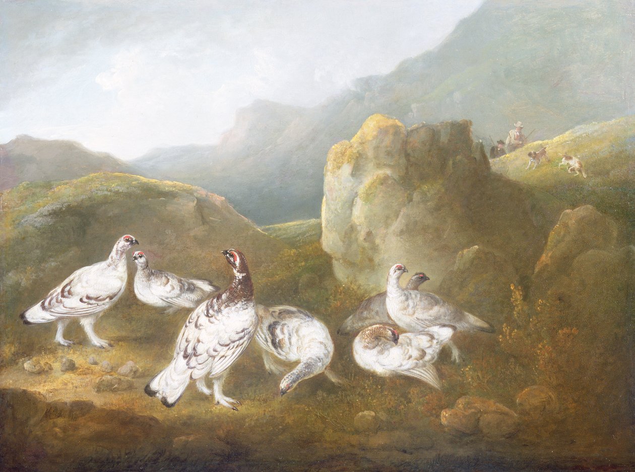 स्पोर्ट्समैन और डॉग्स बियॉन्ड के साथ एक पहाड़ी लैंडस्केप में Ptarmigan द्वारा फिलिप रीनगले