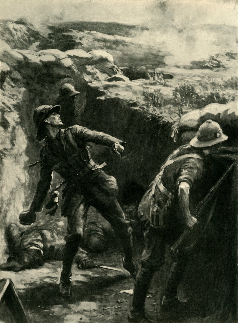 लेफ्टिनेंट फोरशॉ ने लगातार बम फेंके, गैलीपोली, प्रथम विश्व युद्ध, 1915, c1920। द्वारा फिलिप डैड