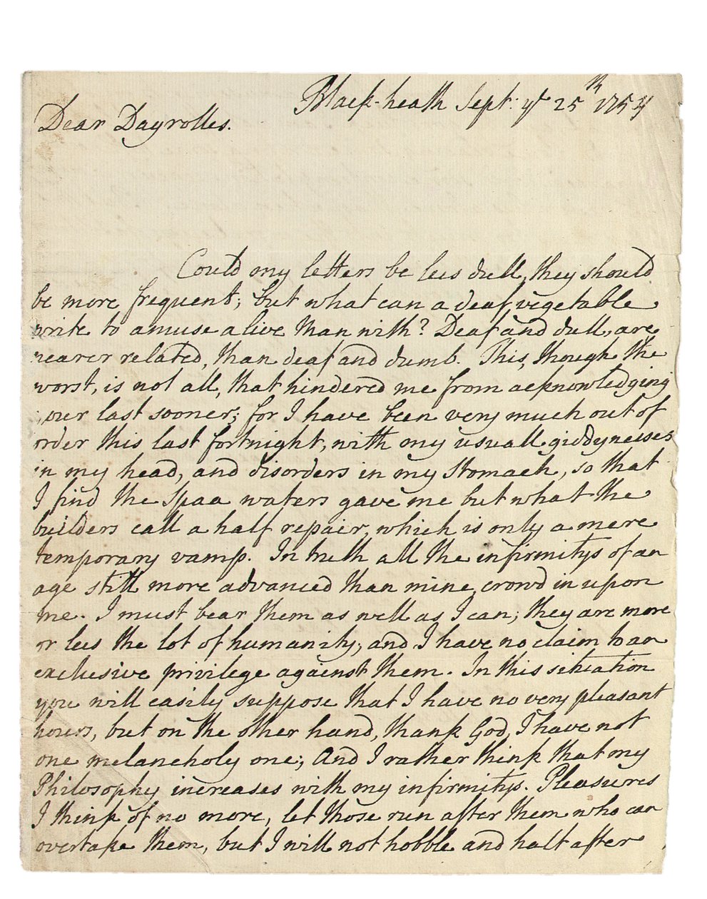सोलोमन डे्रोलॉज, ब्लैकहार्ट को ऑटोग्राफ पत्र, 25 सितंबर 1754 (कागज पर कलम और स्याही) द्वारा फिलिप डॉर्मर स्टैनहोप चेस्टरफील्ड