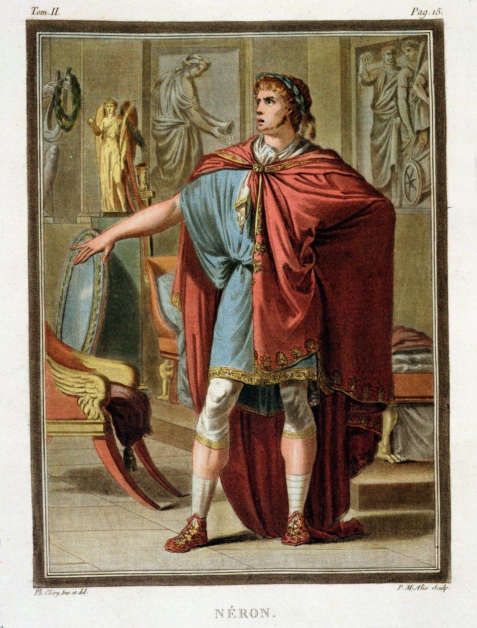 नीरो, जीन रैसीन द्वारा &39;ब्रिटानिकस&39; के लिए पोशाक, &39;रिसर्च ऑन द कॉस्ट्यूम एंड थिएटर ऑफ ऑल नेशंस&39; के वॉल्यूम II से, पियरे मिशेल एलिक्स (1762-1817) 1802 द्वारा उकेरी गई द्वारा फिलिप चेरी