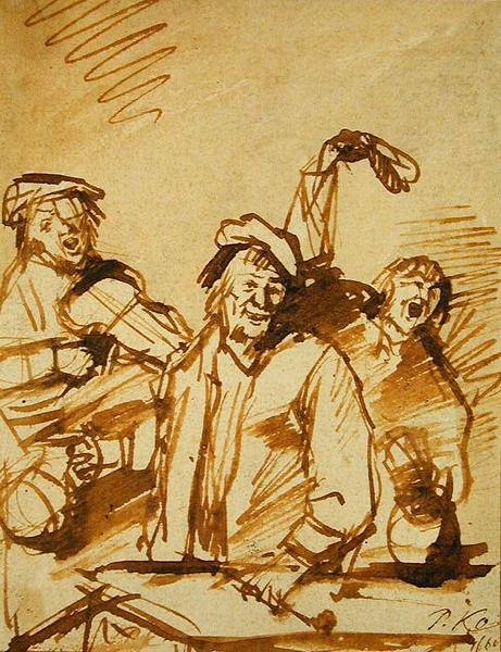 तीन हंसमुख युवा पुरुष, 1660 (कागज पर कलम और भूरी स्याही) द्वारा फिलिप्स डी कोनिंक