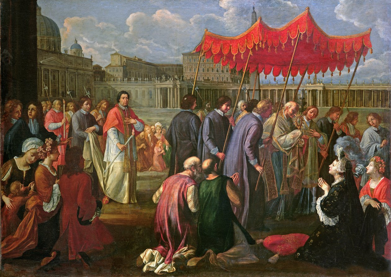सेंट पीटर स्क्वायर, रोम में एक जुलूस में पोप क्लेमेंट इलेवन (1649-1721) द्वारा पियर लियोन घेजी