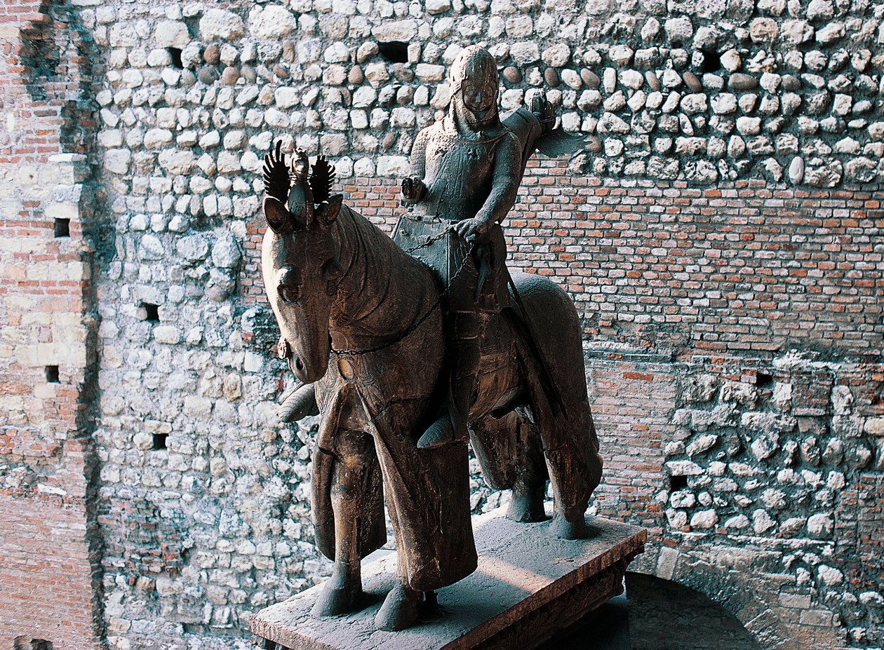 Cangrande I della Scala, Castlvecchio, Verona, Veneto, इटली की घुड़सवारी प्रतिमा द्वारा ब्लेज़ निकोलस ले सुयूर