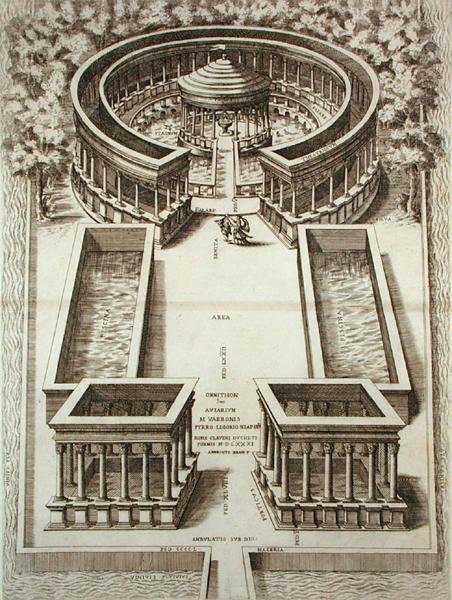 जे लौरस द्वारा प्रकाशित 'रोमा वेरस एट नुओवा' से वरो की एवियरी, 1614 में प्रकाशित (उत्कीर्णन) द्वारा पिएरो (बाद में) लिगोरियो