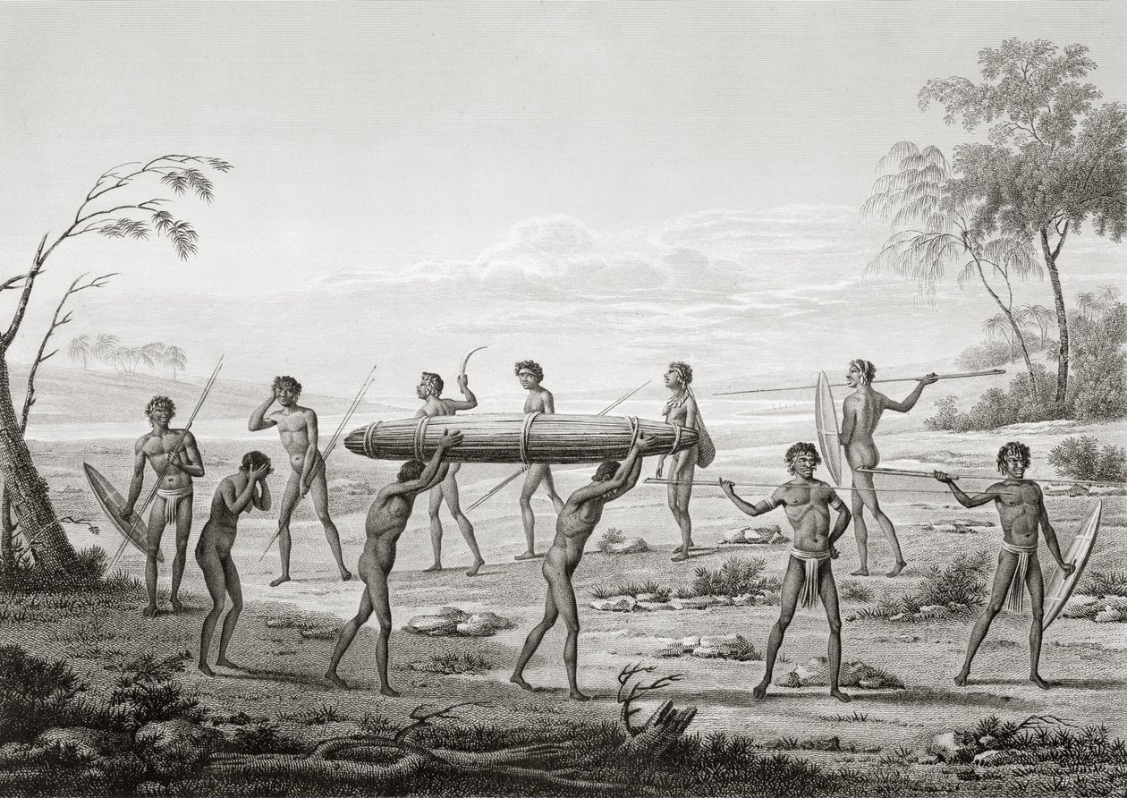 पोर्ट जैक्सन, न्यू हॉलैंड: लुईस क्लाउड देसौलिस डी फ्राइसिनसेट (1779-1842) द्वारा &39;वूरेज ऑटोर डू मोंडे (1817-20)&39; से आदिवासी दफन समारोह, 1822-24 ( द्वारा पियरे एंटोनी मारचिस