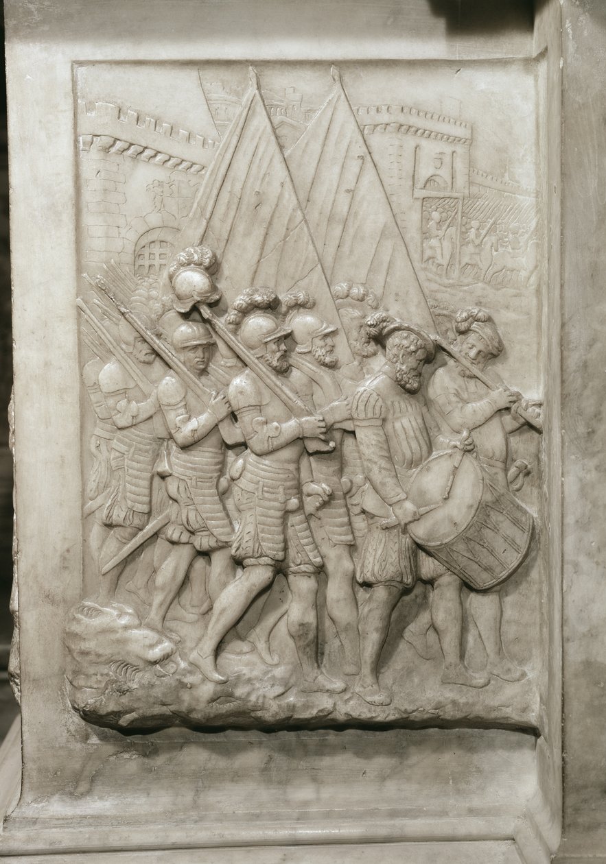 फ्रेंकोइस I 1494-1547 का मकबरा और उसकी पत्नी, फ्रांस के क्लाउड, एक ड्रमर के नेतृत्व में सैनिकों का विस्तार, 1548 संगमरमर में कमीशन द्वारा पियरे बोंटेम्प्स