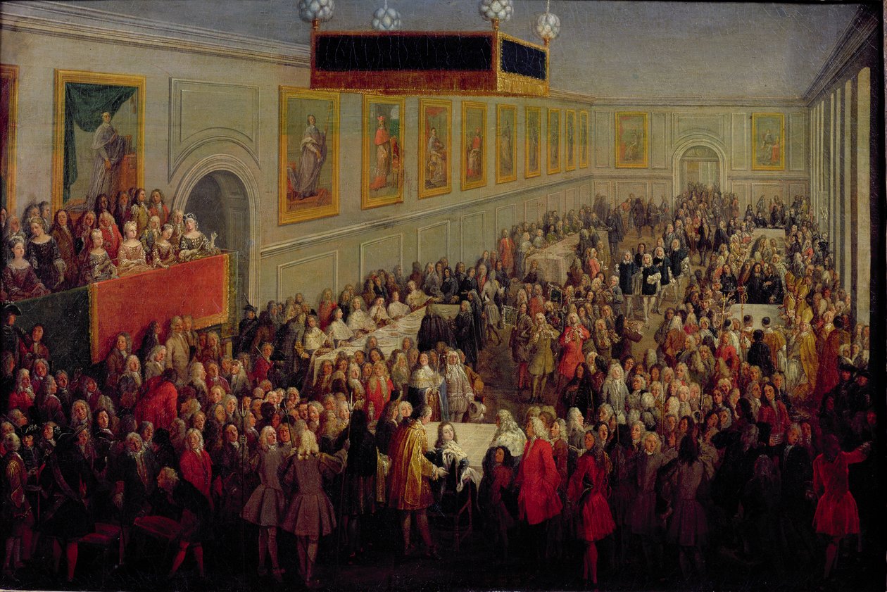 रिम्स के पालिस आर्चीपीस्कॉप में लुई XV (1710-74) के राज्याभिषेक के बाद दी गई दावत, 25 अक्टूबर 1722, 1722 द्वारा पियरे डेनिस मार्टिन