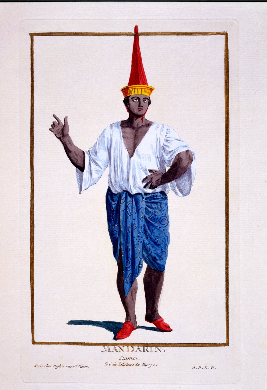 एक सिआम मंदारिन, या उल्लेखनीय, &39;कलेक्शंस ऑफ प्रिंट्स, रिप्रेजेंटिंग रेंज्स एंड डिग्निटीज, इन कॉस्ट्यूम ऑफ ऑल एग्जिस्टिंग नेशंस&39; से, 1780 में प्रकाशित (हैंड-कलर्ड उत्कीर्णन) द्वारा पियरे डुफोलोस