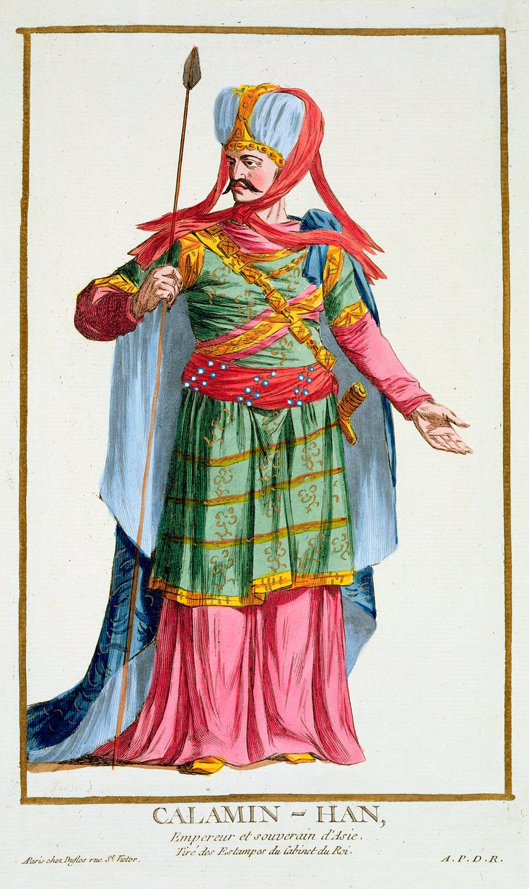 केल्मिन-हान, एशिया के सम्राट और संप्रभु, &39;रिक्यूइल डेस एस्टैम्प्स, रिप्रेजेंटिंग रेंजेस एंड डिग्नाइट्स, इन सभी मौजूदा राष्ट्रों की पोशाक के बाद&39;, 1780 में प्रकाशित (हाथ से रंगा हुआ) द्वारा पियरे डुफोलोस