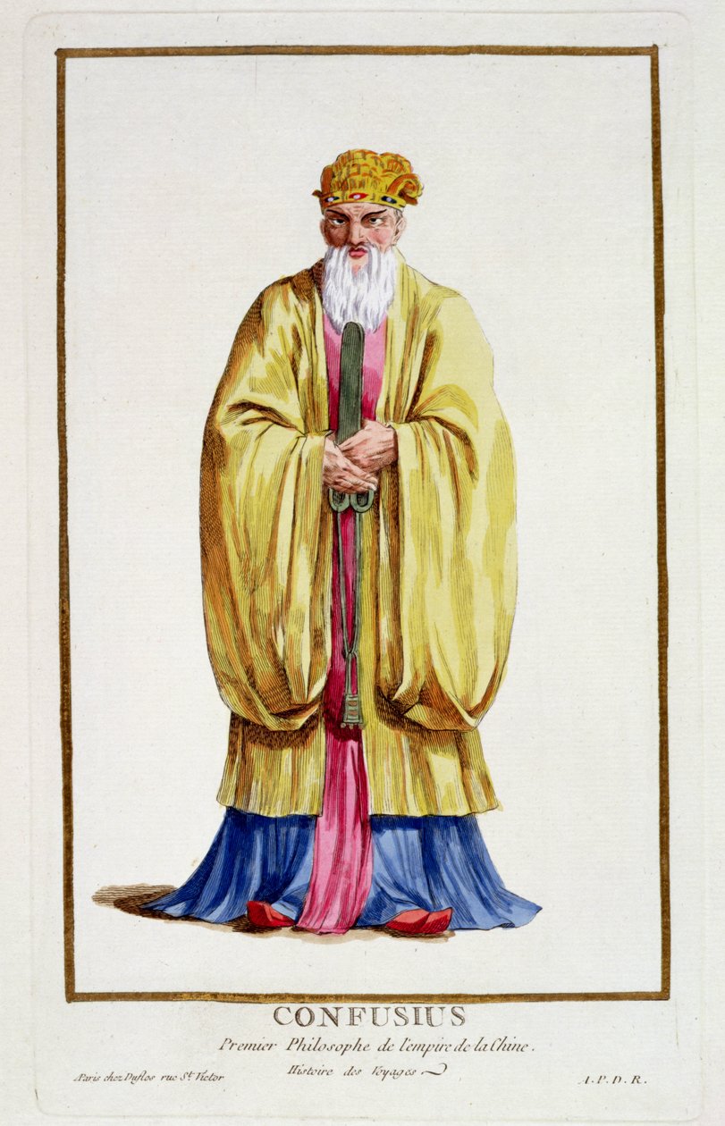 कन्फ्यूशियस (551-479 ईसा पूर्व), &39;रिसील डेस एस्टैम्प्स से, सभी मौजूदा राष्ट्रों की वेशभूषा का अनुसरण करते हुए, रंग और डिग्नाइट्स का प्रतिनिधित्व करते हुए&39;, 1780 में प्रकाशित (हाथ के रंग का उत्कीर्णन) द्वारा पियरे डुफोलोस