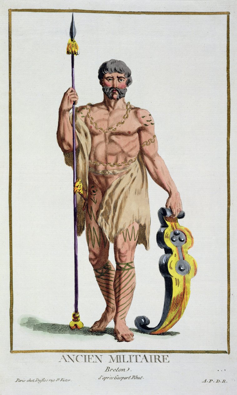 ब्रेटन वॉरियर की पोशाक &39;कलेक्शंस ऑफ प्रिंट्स, रिप्रेजेंटिंग रेंजेस एंड डिग्नाइट्स, इन कॉस्ट्यूम ऑफ ऑल मौजूदा नेशंस&39;, 1780 में प्रकाशित (हैंड-कलर्ड एनग्रेविंग) द्वारा पियरे डुफोलोस