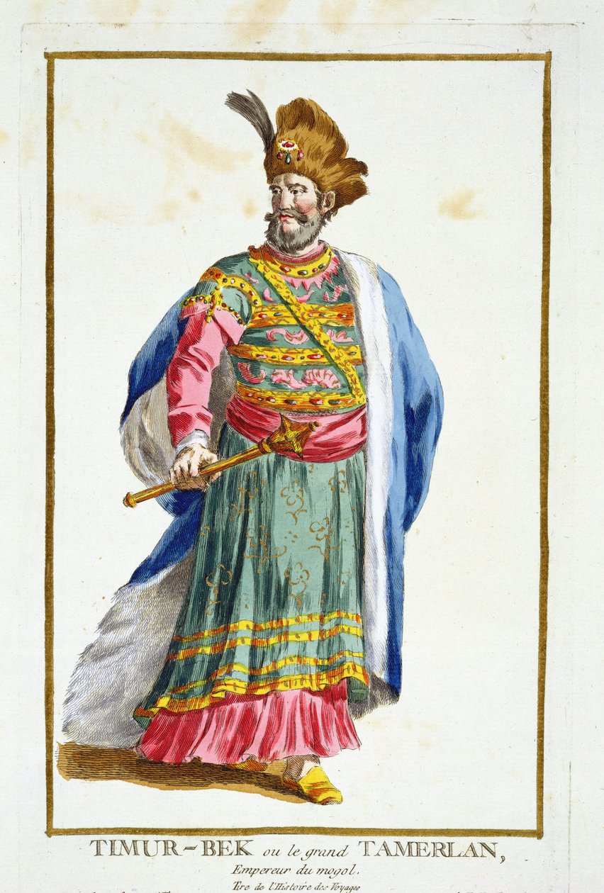 Tamburlaine (1336-1405) &39;रेसुइल डेस एस्टैम्प्स से, सभी मौजूदा राष्ट्रों की वेशभूषा का अनुसरण करते हुए, रंग और Dignites का प्रतिनिधित्व करते हुए&39;, 1780 (हाथ से उकेरा हुआ) द्वारा पियरे डुफोलोस