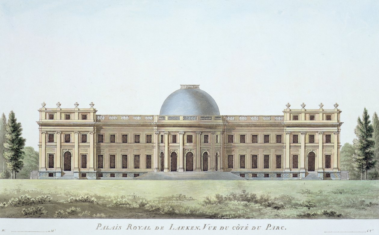 पियरे जैक्स गोएथेबुबर द्वारा 1827 में प्रकाशित रॉयल पैलेस, लकेन, पार्क का दृश्य, &39;मोन्यूमेंट्स की पसंद, मोस्ट उल्लेखनीय इमारतों और घरों से&39; द्वारा पियरे जैक्स गोएटगेबुअर