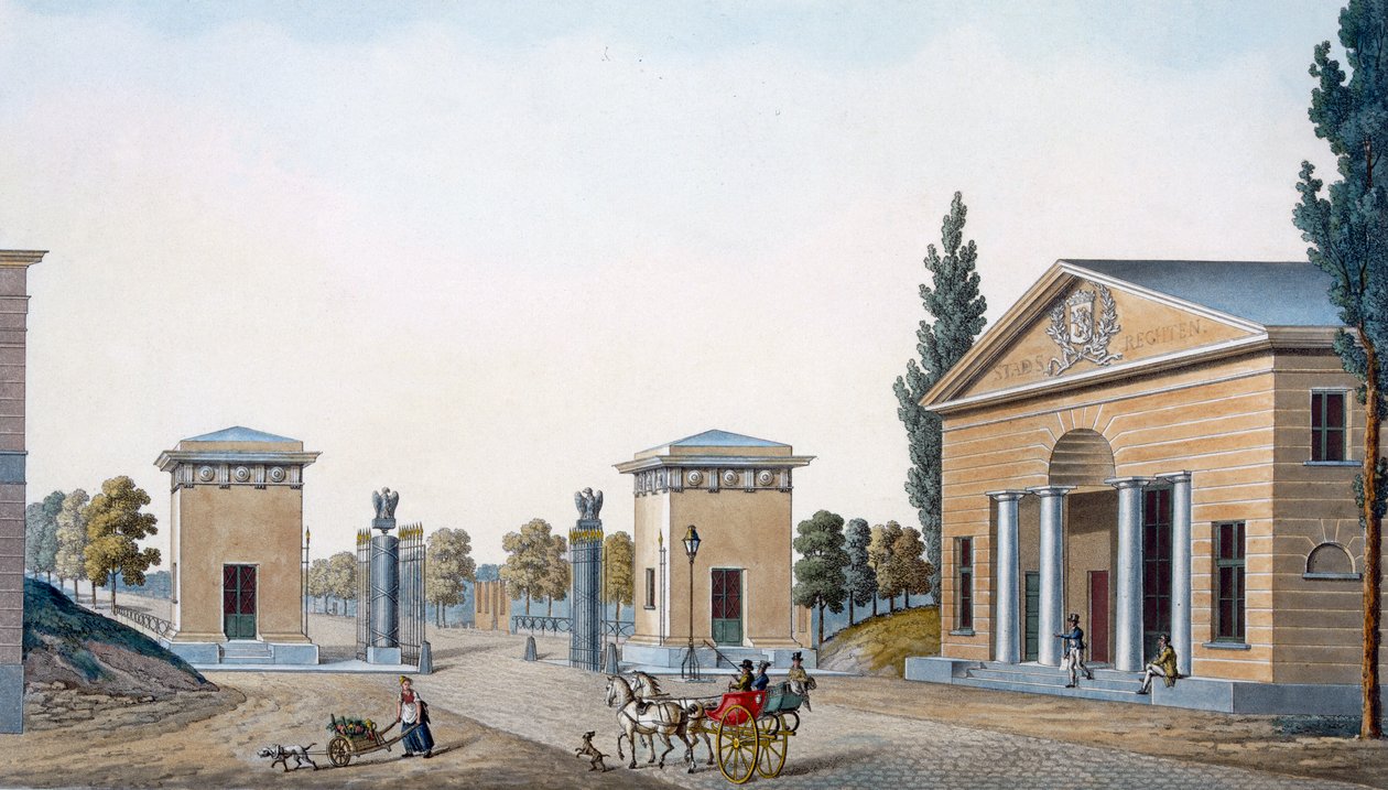 गेट ऑफ़ कोर्ट्रे, गेन्ट, &39;चॉइस ऑफ़ मॉन्यूमेंट्स, मोस्ट आउटस्टैंडिंग बिल्डिंग्स एंड हाउसेस ऑफ़ द नीदरलैंड्स किंगडम&39; से, 1827 में प्रकाशित द्वारा पियरे जैक्स गोएटगेबुअर