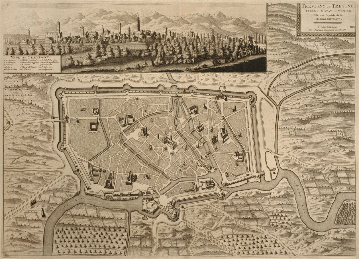 एम्सटर्डम में पियरे मोर्टियर द्वारा प्रकाशित, 1704 के of वेनेटो के शहर ’से ट्रेविसो का मानचित्र द्वारा पियरे मोर्टियर