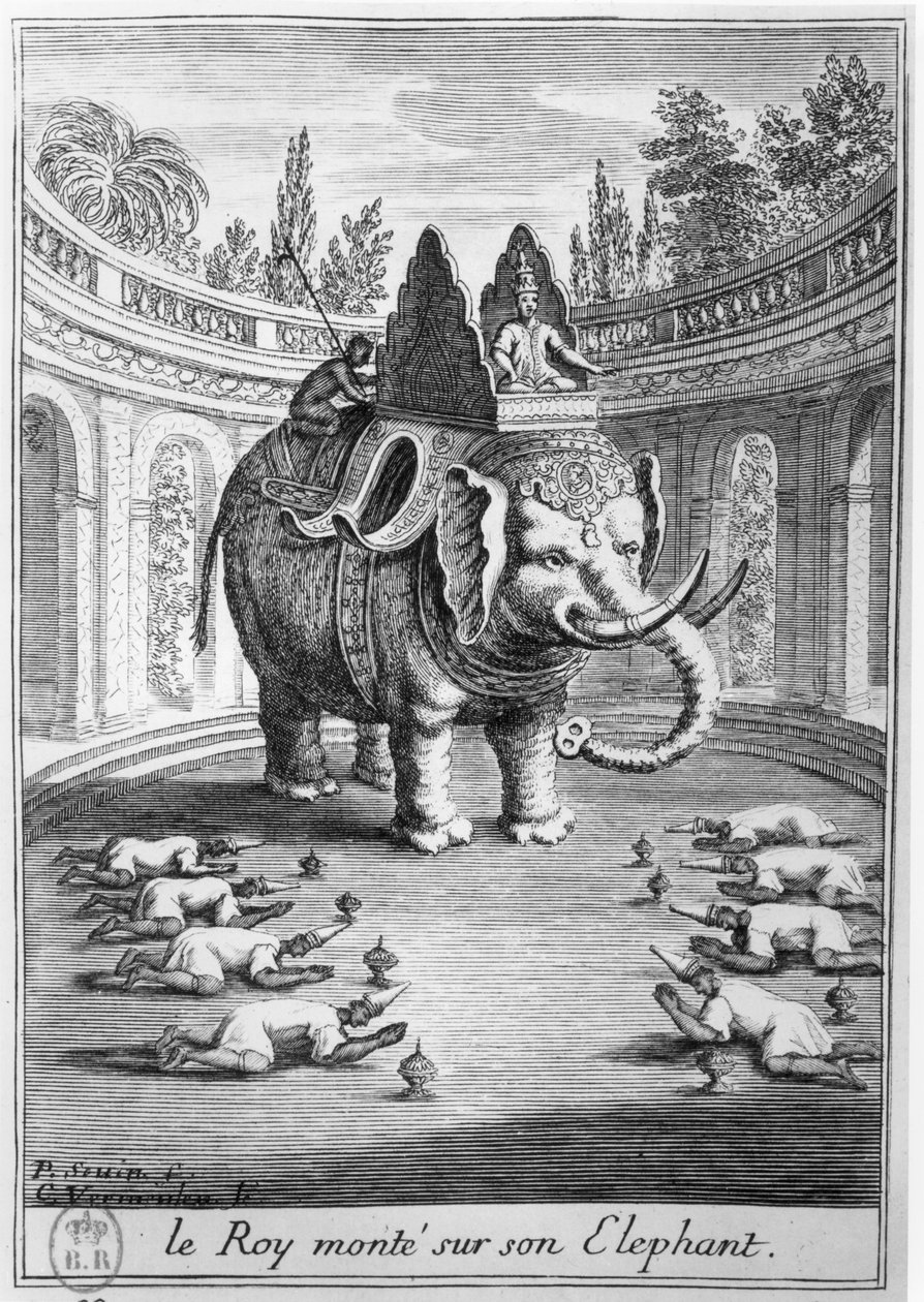 सियाम के राजा ने अपने हाथी पर बैठा, जिसे कॉर्नेलिस वर्म्यूलेन (1644-1706) ने 1686 में उकेरा। द्वारा पियरे पॉल सेविन