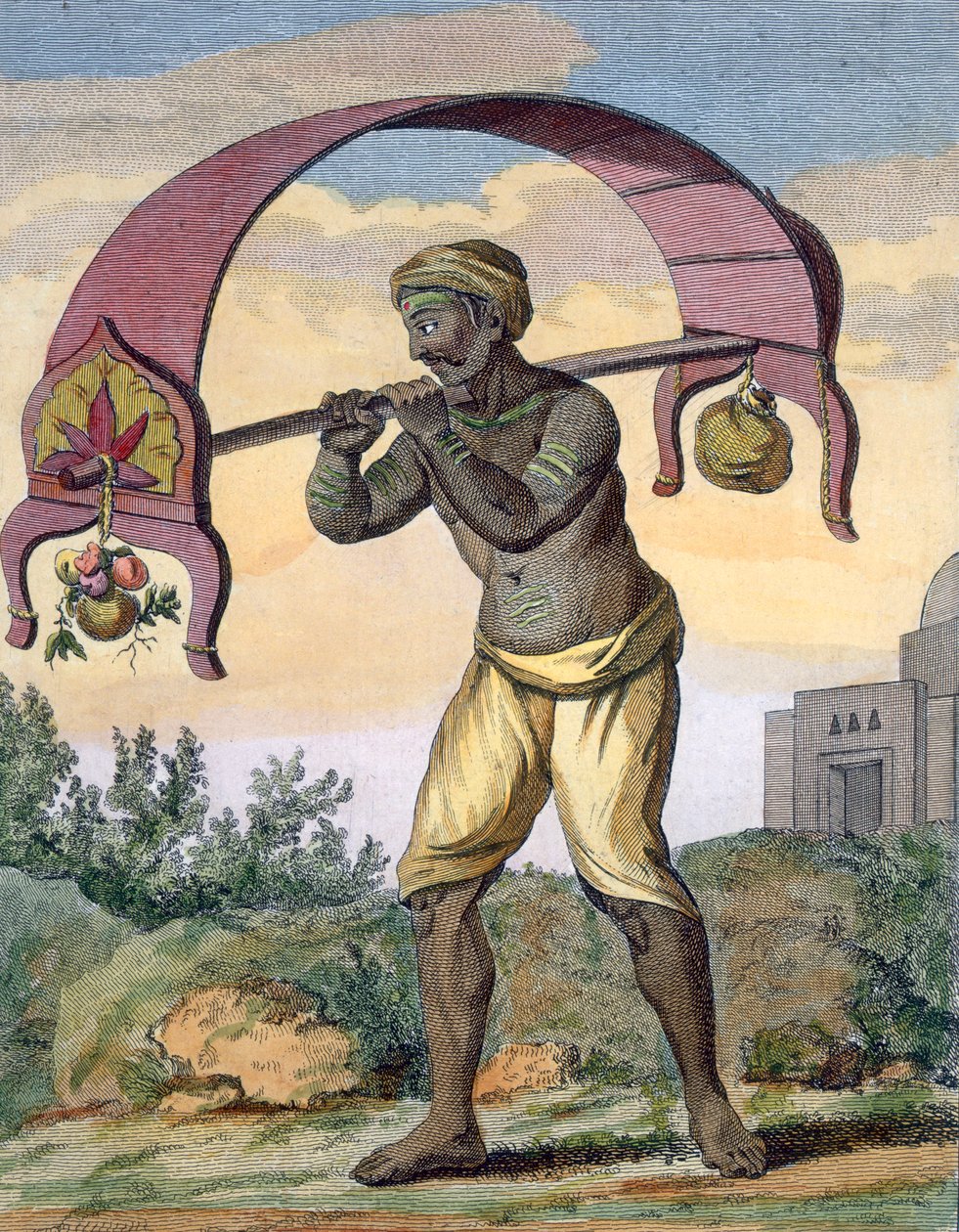 पेनी काओरी (देवताओं के लिए प्रसाद ले जाने वाला धार्मिक भक्त), &39;वॉयज ऑक्स इंड्स एट ए ला चाइन&39;, पोइसन द्वारा उत्कीर्ण, 1782 (रंग उत्कीर्णन) द्वारा पियरे सोनारत