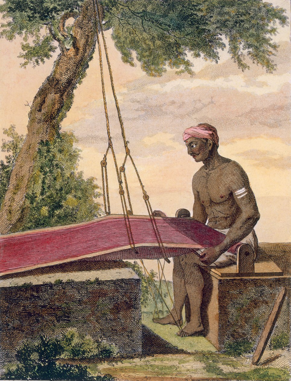 कपड़े की बुनकर, &39;जर्नी टू इंडिया एंड चाइना&39; से, पोइसन, 1782 (रंग उत्कीर्णन) द्वारा उत्कीर्ण द्वारा पियरे सोनारत