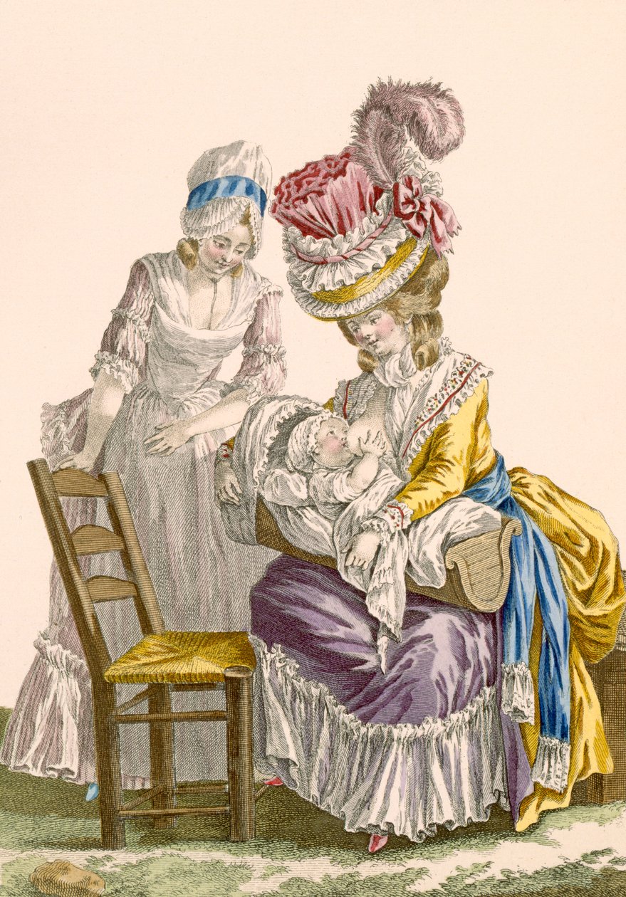 सुरुचिपूर्ण महिला अपने बच्चे को उसकी नौकरानी द्वारा देखती हुई स्तनपान कराती है, जिसे पाटस द्वारा उकेरा गया है, &39;गल्र्स डेस मोड्स एट कॉस्ट्यूम्स फ्रेंकिस&39; से प्लेट नं .42, c.1778-87 99: कपड़े; पारंपरिक वस्त्र; द्वारा पियरे थॉमस ले क्लर्क