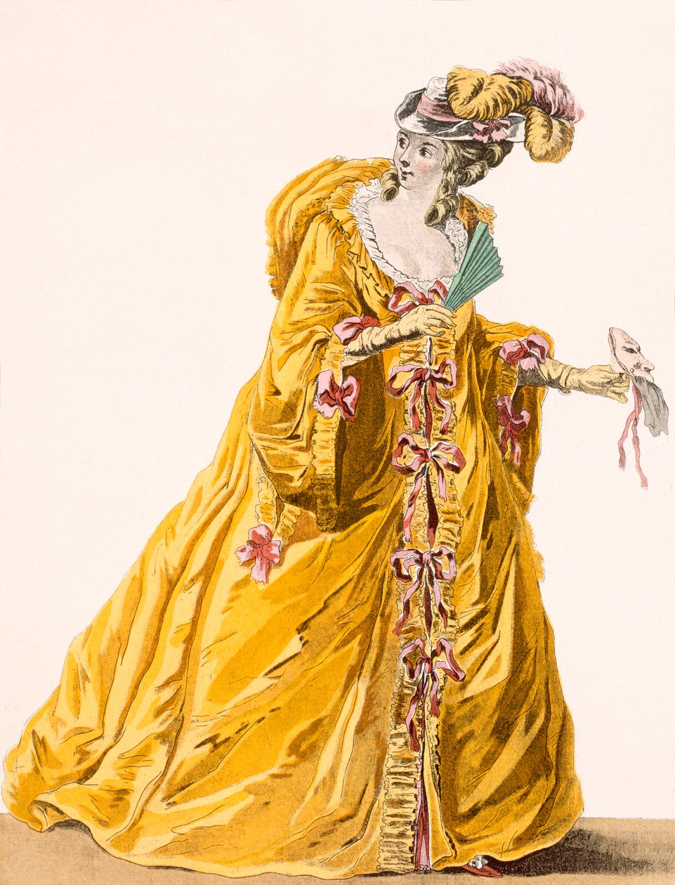 &39;ग्रांड डोमिनोज़&39; ड्रेस में लेडी, जनीनेट द्वारा उकेरी गई &39;बाल मैटिक&39; पहनने के लिए, &39;गल्र्स डेस मोड्स एट कॉस्ट्यूम्स फ्रेंकिस&39; से प्लेट नं .170, c.1778-87 99: कपड़े; पारंपरिक dres द्वारा पियरे थॉमस ले क्लर्क