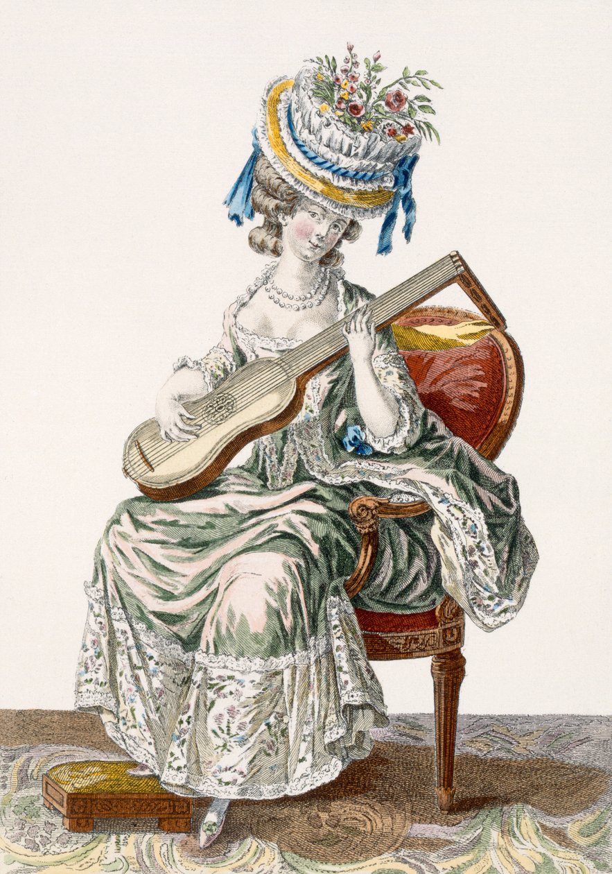 लेडी एक शॉट तफ़ता पोशाक में फीता के साथ छंटनी की गई गिटार बजाते हुए, &39;गैलीरी देस मोड्स एट कॉस्ट्यूम्स फ्रेंकिस&39; से 113 प्लेट, चार्ल्स इमैनुएल पेटस (1744-1802) द्वारा उत्कीर्ण 1778 द्वारा पियरे थॉमस ले क्लर्क