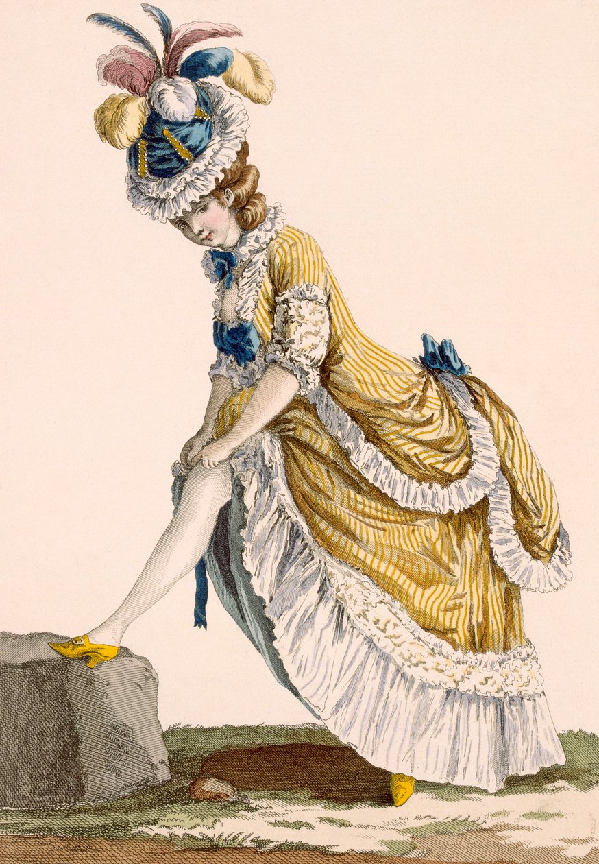 लेडी ने अपने स्टॉकिंग को खींचा, Le Beau द्वारा उत्कीर्ण, &39;Galeries des Modes et Costumes Francais&39;, c.1778-87 से प्लेट नंबर 1 द्वारा पियरे थॉमस ले क्लर्क