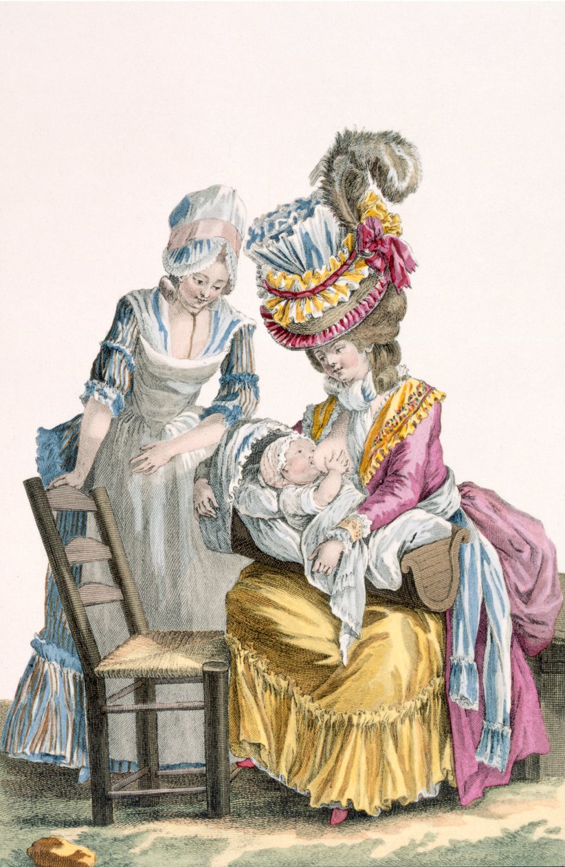 यंग वूमन इन ए ड्रेस &39;लेविएट&39; ब्रेस्टफीडिंग एअर बेबी, प्लेट फ्रॉम &39;गॉलरी डेस मोड्स एट कॉस्ट्यूम्स फ्रेंकिस&39;, चार्ल्स इमैनुएल पेटस (1744-1802) 1778 द्वारा उकेरी गई द्वारा पियरे थॉमस ले क्लर्क