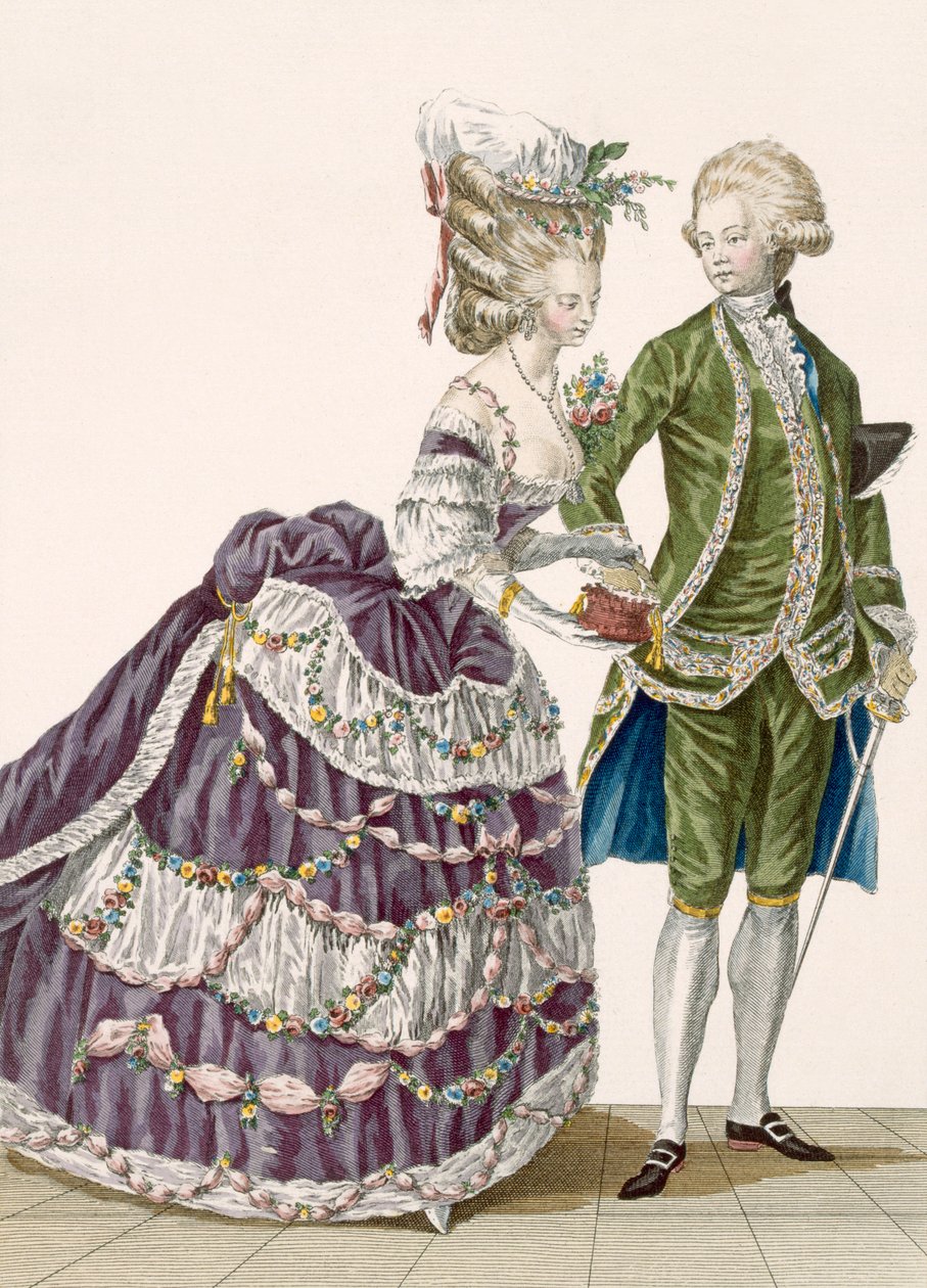 युवती और उसका पति एक अदालत के गाला में भाग ले रहे थे, &39;गैलेरीज़ देस मोड्स एट कॉस्ट्यूम्स फ्रेंकिस&39; से सी। 12, सी .778-87 99: कपड़े; पारंपरिक वस्त्र; पारंपरिक पोशाक; एफएएस द्वारा पियरे थॉमस ले क्लर्क