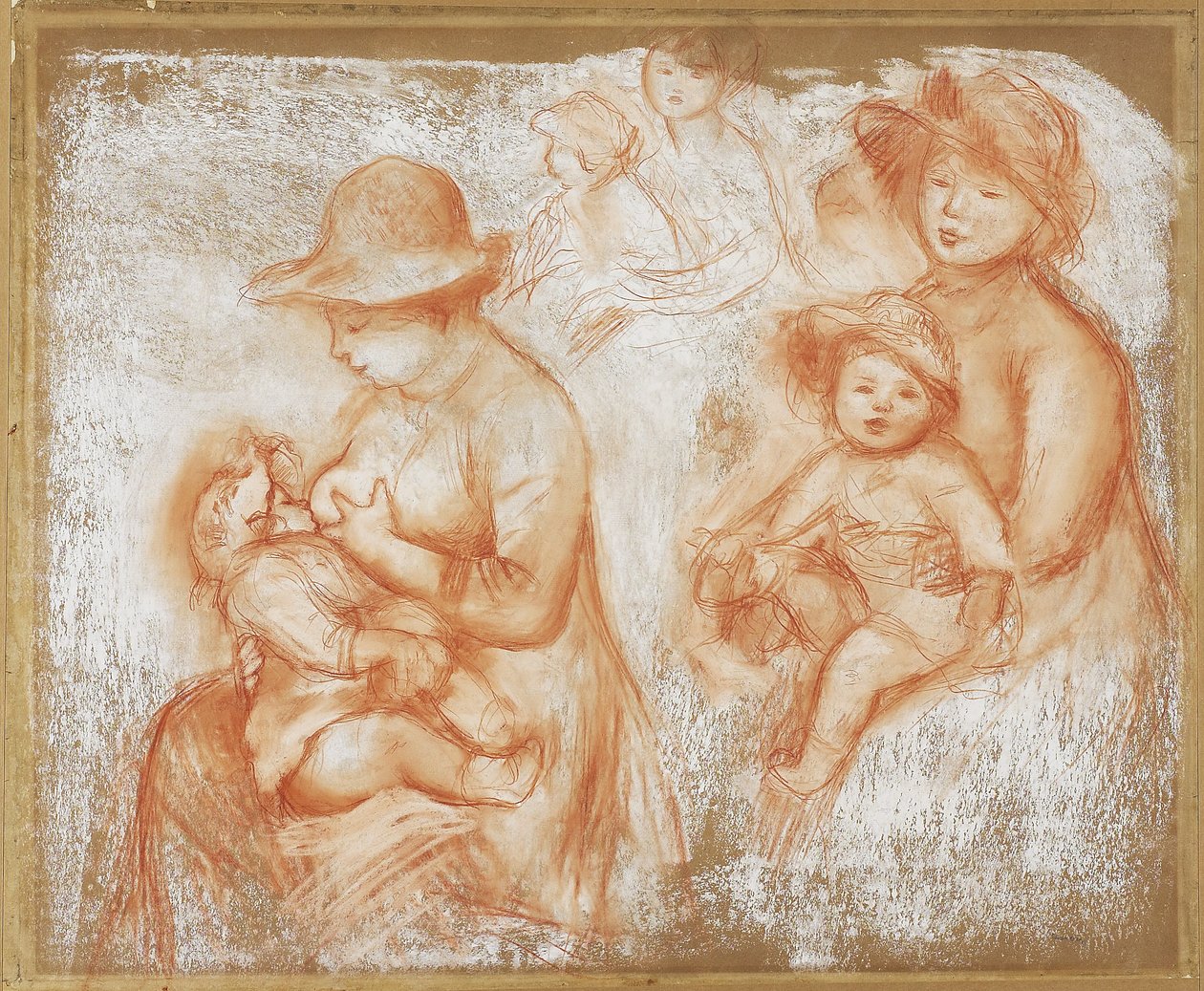 मदर एंड चाइल्ड के लिए अध्ययन, c.1885 (बफ़्फ़र्ड पेपर पर लाल और सफेद चॉक) द्वारा पियरे अगस्टे रेनॉयर