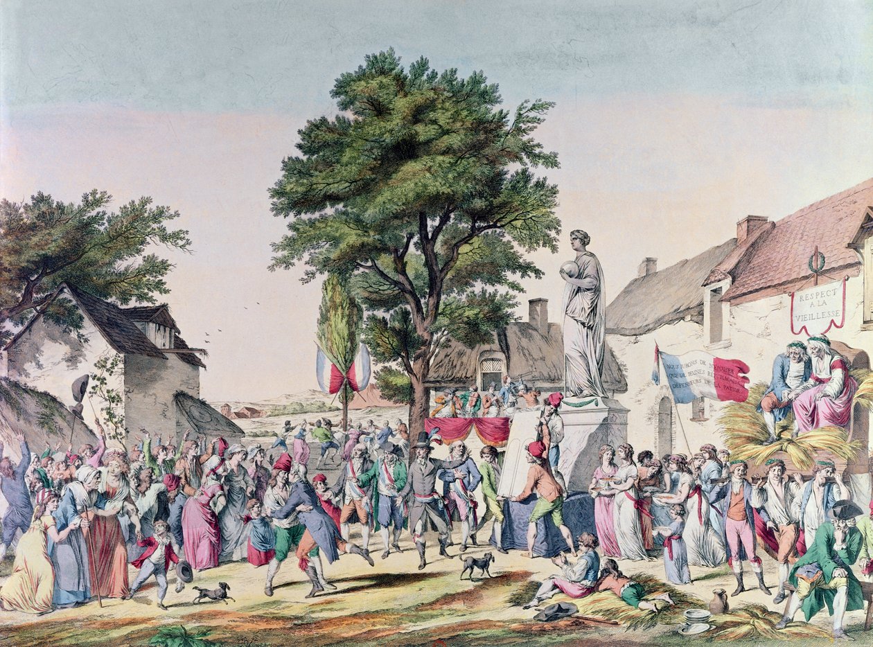 फ्रांसीसी क्रांति, 1795 (रंग उत्कीर्णन) के समय पुराने युग के सम्मान में ग्राम उत्सव द्वारा पियरे अलेक्जेंड्रे विले