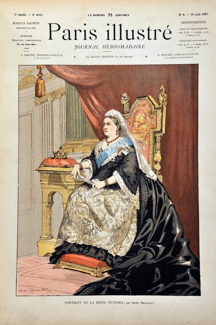विक्टोरिया इरे का पोर्ट्रेट, इंग्लैंड की रानी (1819-1901) आंद्रे ब्रोइलेट द्वारा, 1887 की उत्कीर्णन "पेरिस-इलस्ट्रस जर्नल साप्ताहिक" में। द्वारा पियरे आंद्रे ब्रोइलेट
