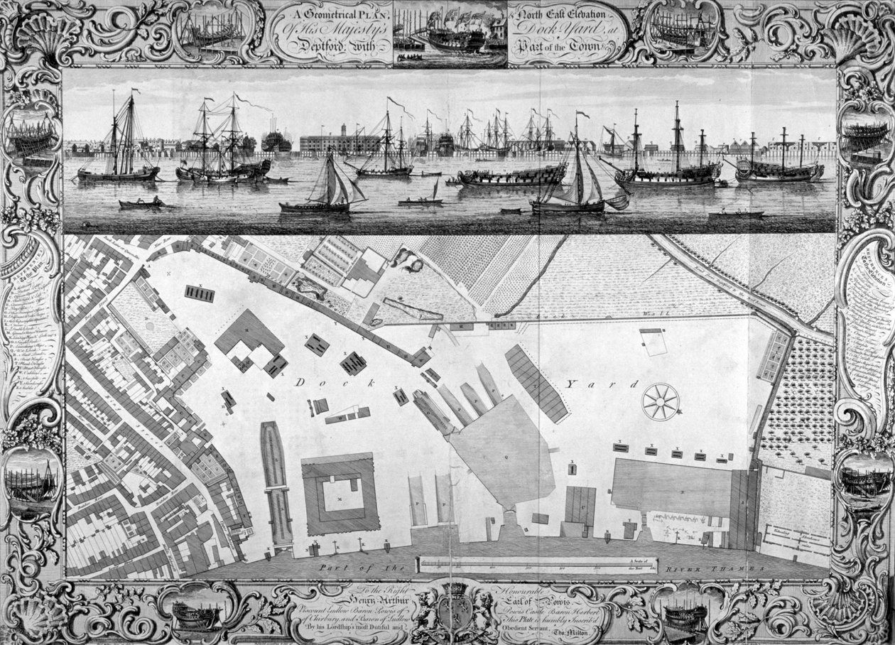 डेप्टफोर्ड डॉक्स, लंदन, 1753। द्वारा पियरे चार्ल्स कैनोत