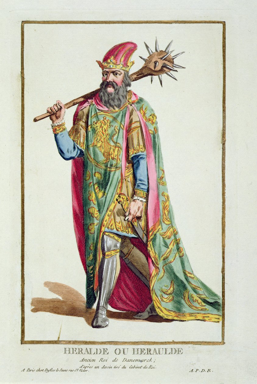 हेरोल्ड, डेनमार्क के राजा &39;कलेक्शंस ऑफ प्रिंट्स, रिप्रेजेंटिंग रेंजेस एंड डिग्नाइट्स, फॉलोइंग द कॉस्ट्यूम ऑफ ऑल एग्जिस्टिंग नेशंस&39;, 1780 में प्रकाशित (हैंड-कलर्ड उत्कीर्णन) द्वारा पियरे डुफोलोस
