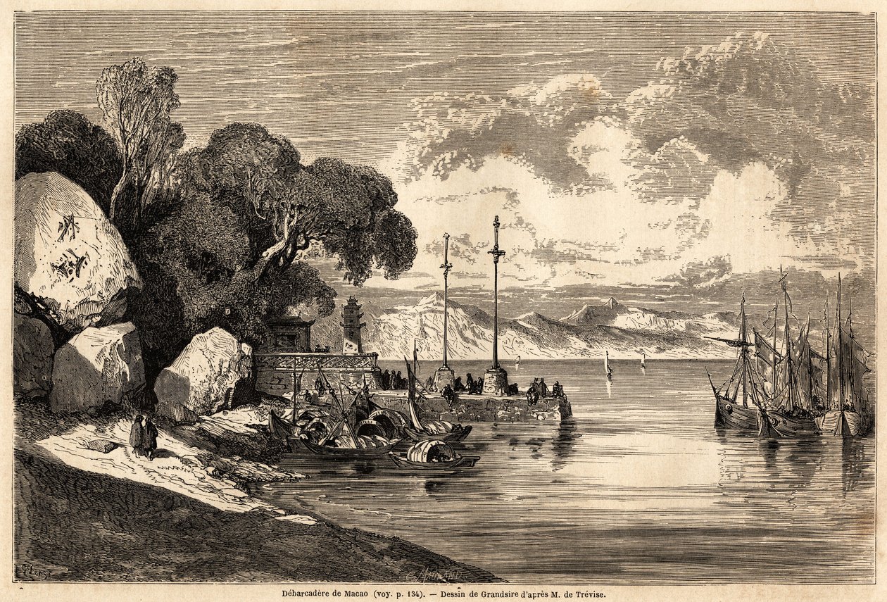 1857-1858 में, M.de Moge की चीन और जापान की यात्रा को चित्रित करने के लिए ग्रैंडसियर द्वारा चित्रित बारकाडेरे डी मकाऊ। "दुनिया भर में, नई यात्रा पत्रिका" "पेरिस" में उत्कीर्णन द्वारा पियरे यूजीन ग्रैंडसिर