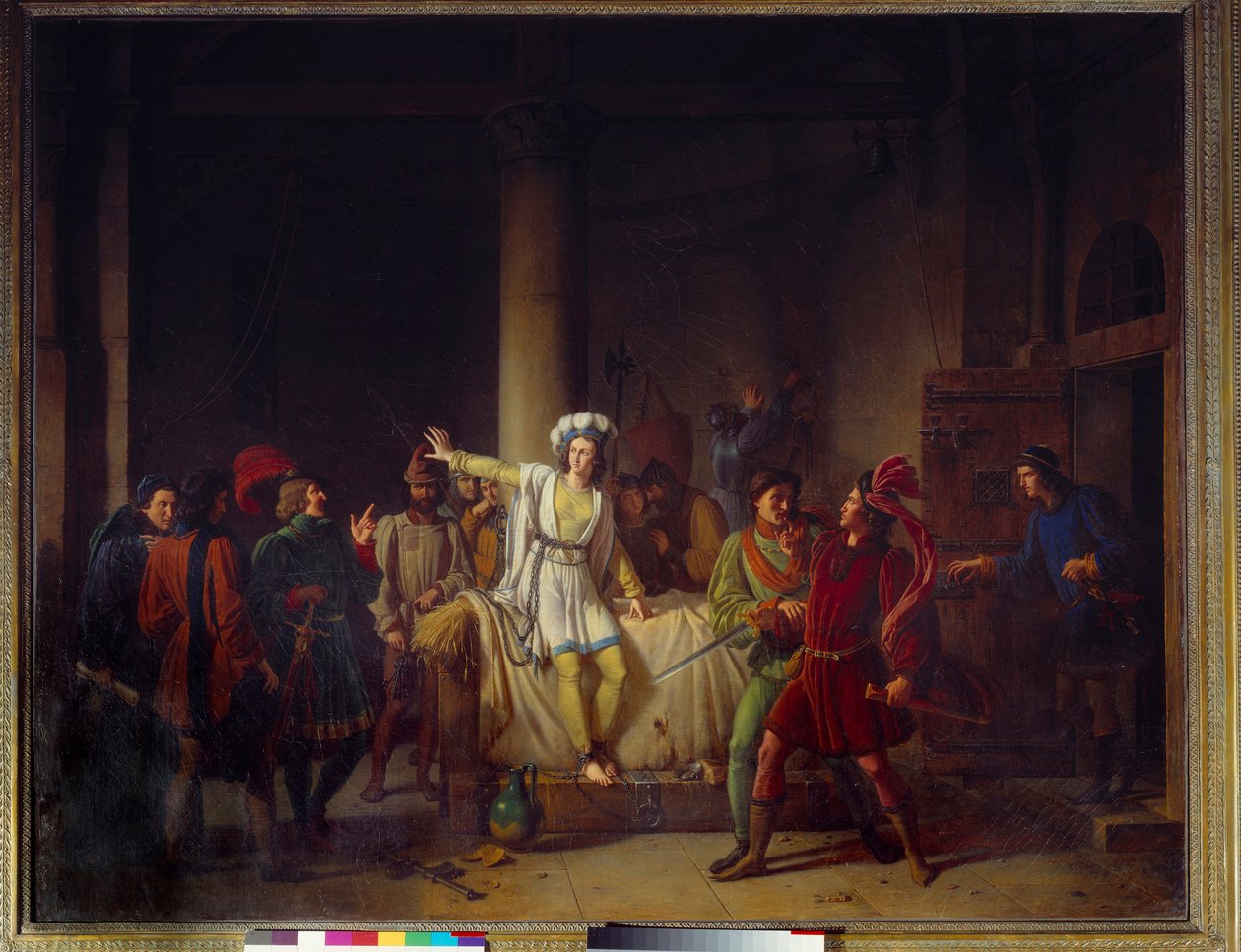 सौ साल का युद्ध: "" जोन ऑफ आर्क (1412-1431) रूएन में उसकी जेल में"" 1431 में, विधर्म के आरोपी जोन ऑफ आर्क को रूएन में फिलिप ऑगस्टे के महल के कालकोठरी में कैद किया गया था। पियरे हेनरी रेवॉयल (१७७६-१८४२) की पेंटिंग १९वीं सदी के रूएन मुसी  द्वारा पियरे हेनरी रेवोइल