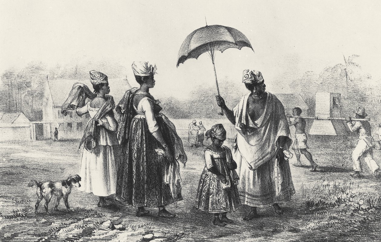 बच्चों के साथ गुलाम व्यापारी, 'वॉयज ए सूरीनाम', 1839 (लिथो) (बी/डब्ल्यू फोटो) से द्वारा पियरे जे (बाद) बेनोइट