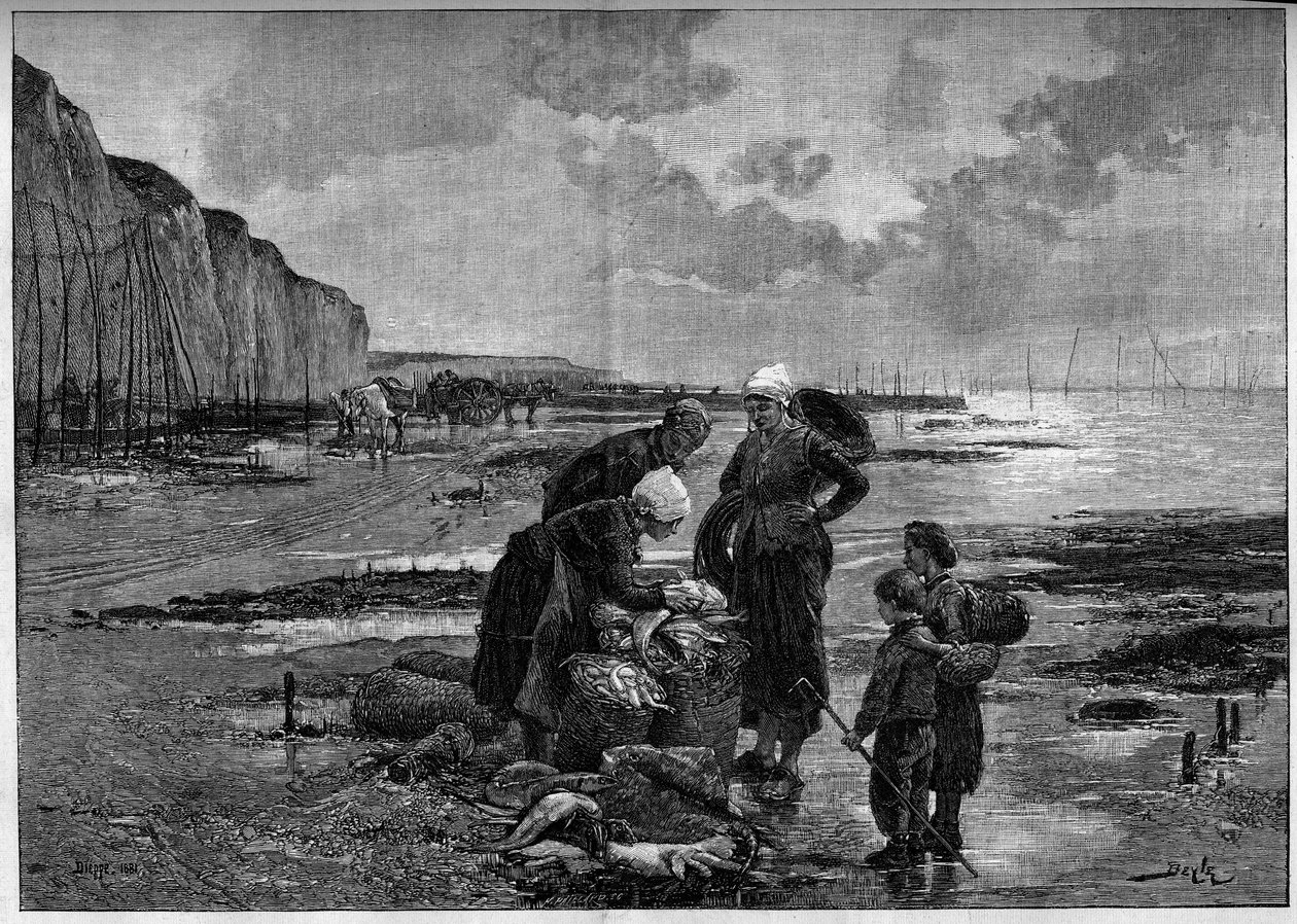 Dieppe की मछली पकड़ना, कम घोड़ी। पियरे बेयले (1838-1902) द्वारा "" द इलस्ट्रस वर्ल्ड" में पेंटिंग के बाद उत्कीर्णन n ° 1327 सितंबर 2 द्वारा पियरे मैरी (बाद) बेले