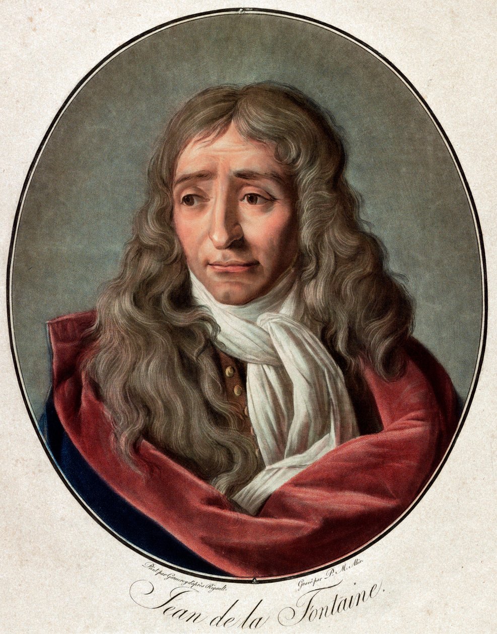 जीन डे ला फोंटेन (लाफोंटेन) (1621-1695) का पोर्ट्रेट, पियरे मिशेल एलिक्स द्वारा उत्कीर्ण फ्रांसीसी कवि (1762-1817) द्वारा एम्ब्रोस लुई गार्नेरी (1783-1857) द्वारा पियरे मिशेल एलिक्स