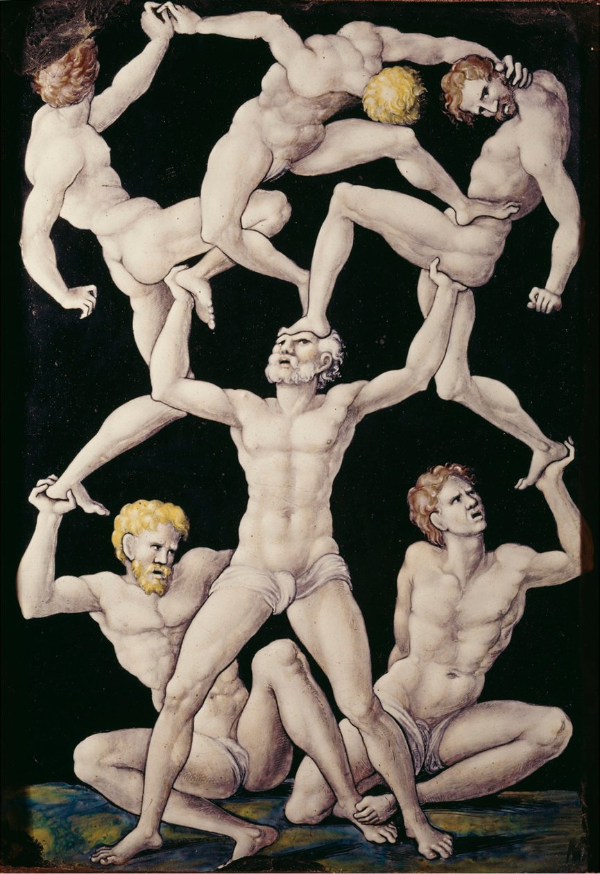 एक्रोबैट्स के साथ पट्टिका, c.1550 (तांबे पर चित्रित तामचीनी) द्वारा पियरे पेनिकाउड