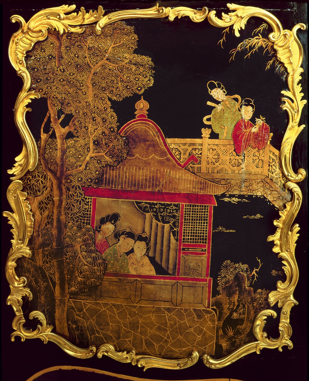 लुइस XV कमोड के साइड पैनल, c.1745 (लकड़ी पर लाख और सोना) (पुनः 222380) द्वारा पियरे रूसेल