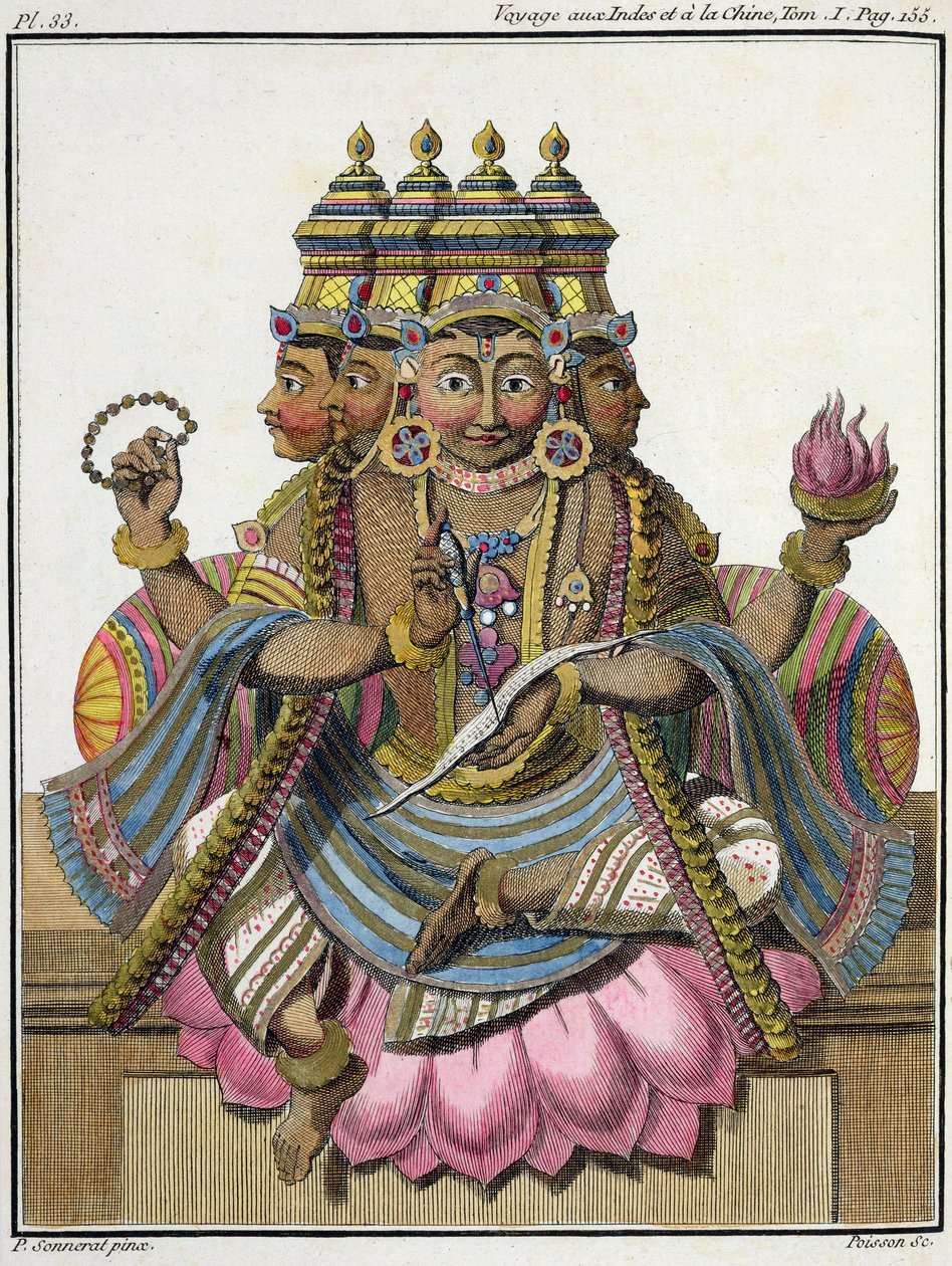 ब्रह्मा, सृजन के हिंदू देवता, पियरे सोनारैट द्वारा &39;जर्नी टू इंडिया एंड चाइना&39; से, पोइसन द्वारा उत्कीर्ण, 1782 में प्रकाशित द्वारा पियरे सोनारत